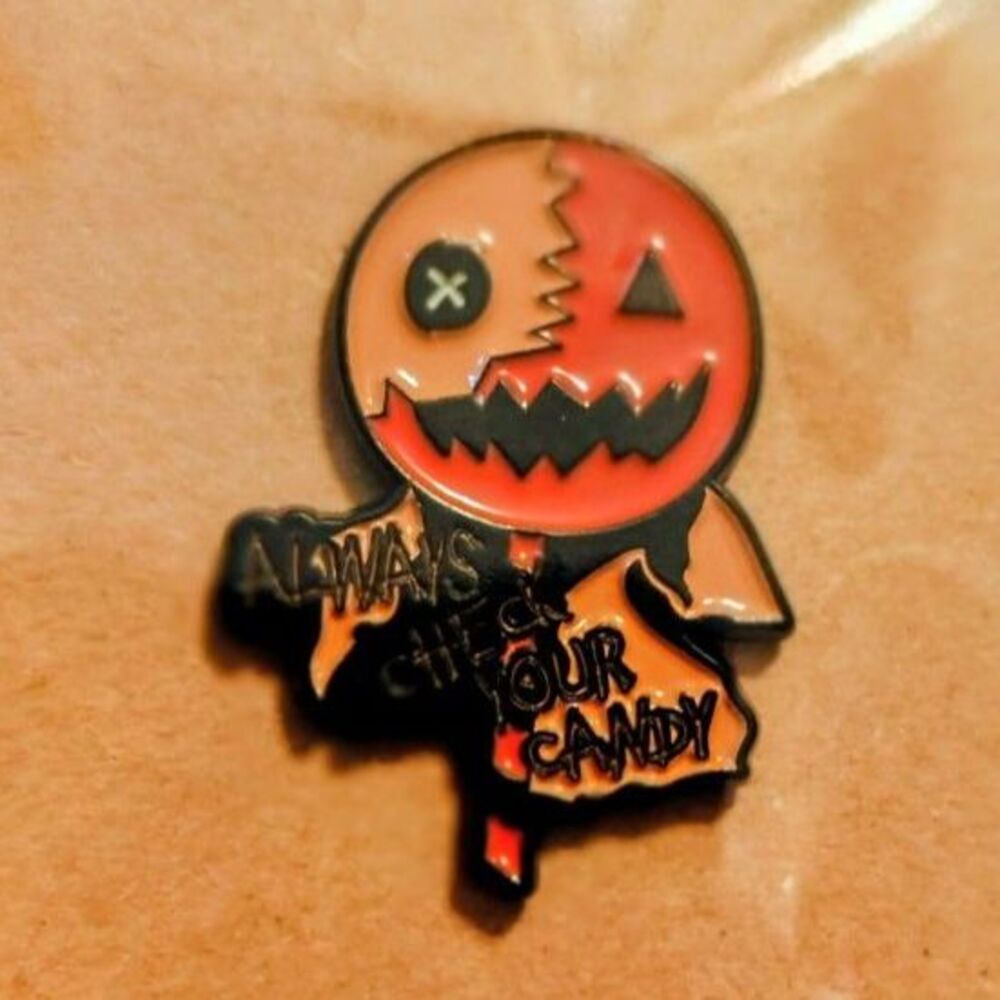 "Always Check Your Candy" Sam Trick 'r Treat Lollipop Enamel Pin - Horror